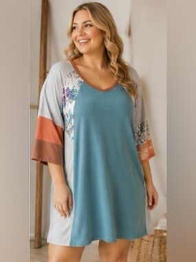 Easel 1X Oversized Patchwork T-Shirt Dress Boho Floral Colorblock NWT